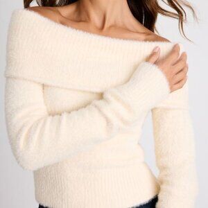 Lulus Ravenna Ivory Eyelash Knit Off-the-shoulder Sweater Top White - Size L